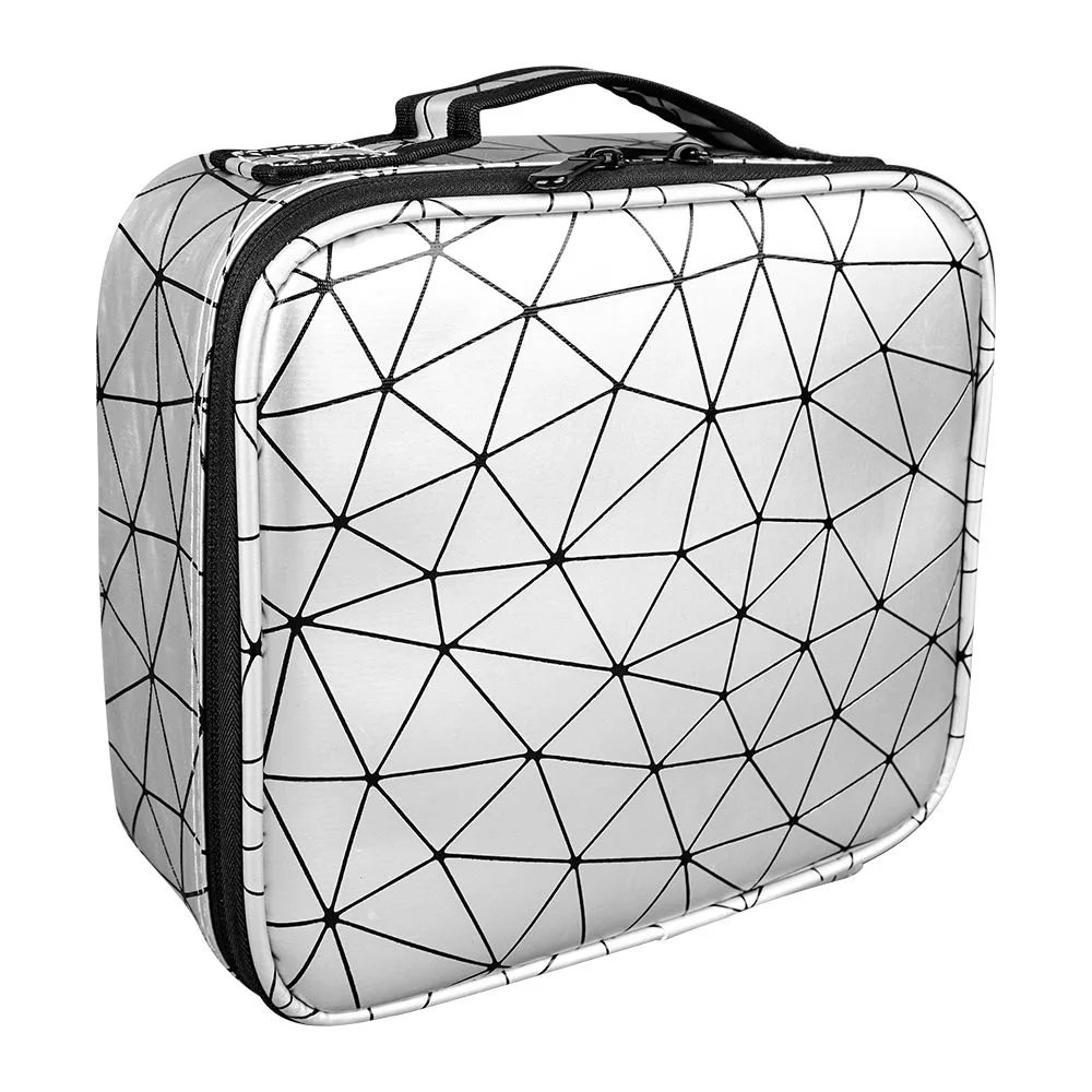 AJF PU Diamond Print Cosmetic Bag Organizer, Large, 25 x 22 x 8cm, Silver