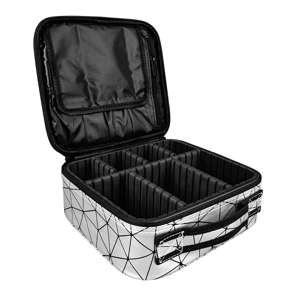 Side view of ajf pu diamond print cosmetic bag organizer, large, 25 x 22 x 8cm, silver
