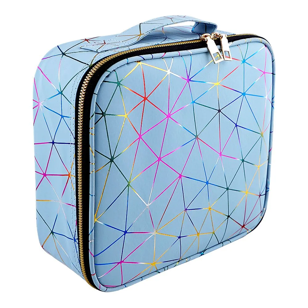 Side view of ajf pu diamond print cosmetic bag organizer large, blue, 9.8 x 8.6 x 3.1 inches