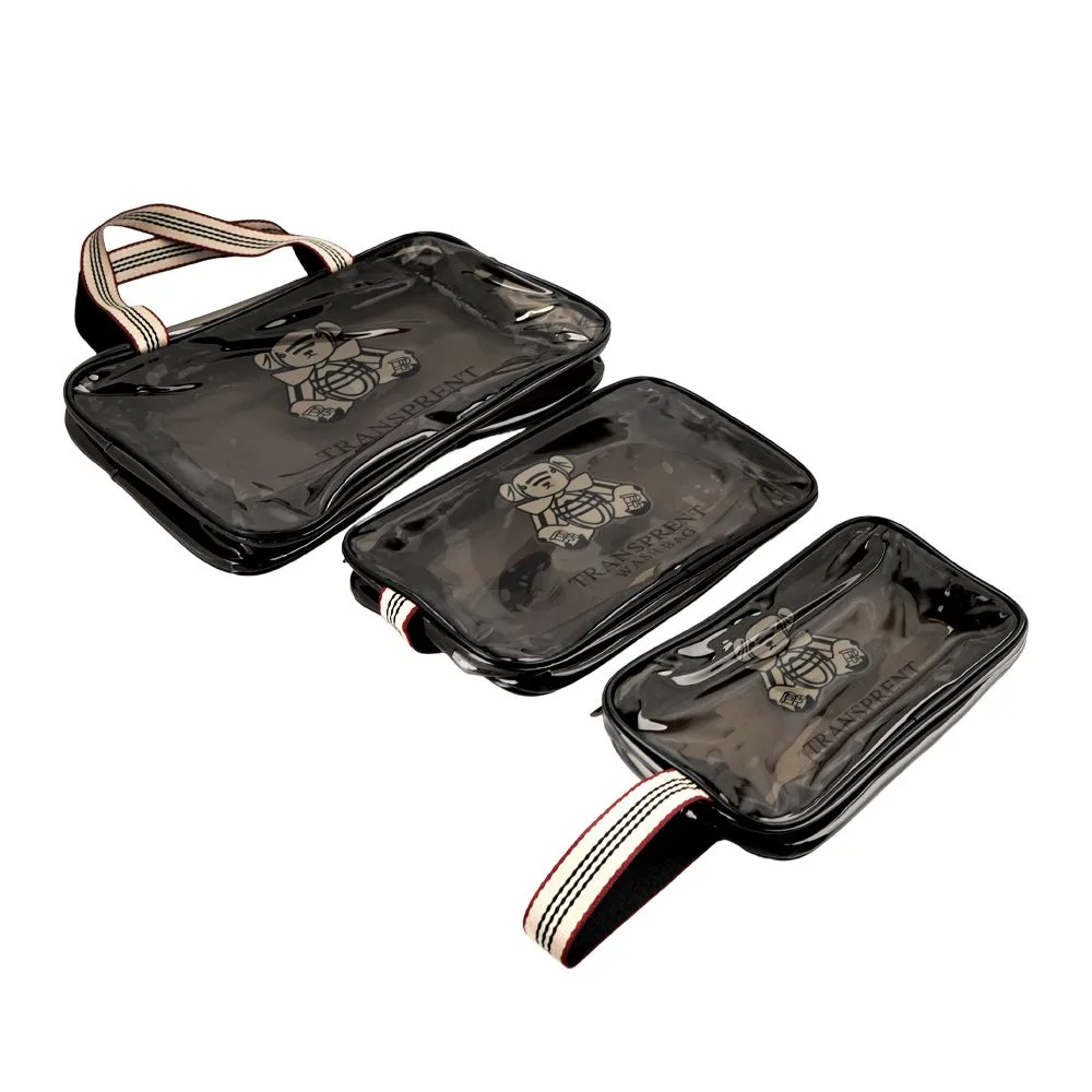 Front angle of ajf pvc transparent cosmetic bag set, black