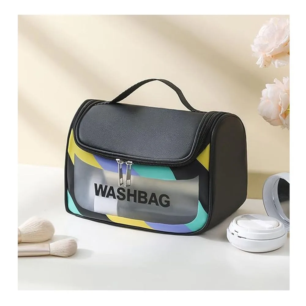 AJF PVC Waterproof Cosmetic Bag, Rainbow Border, Black