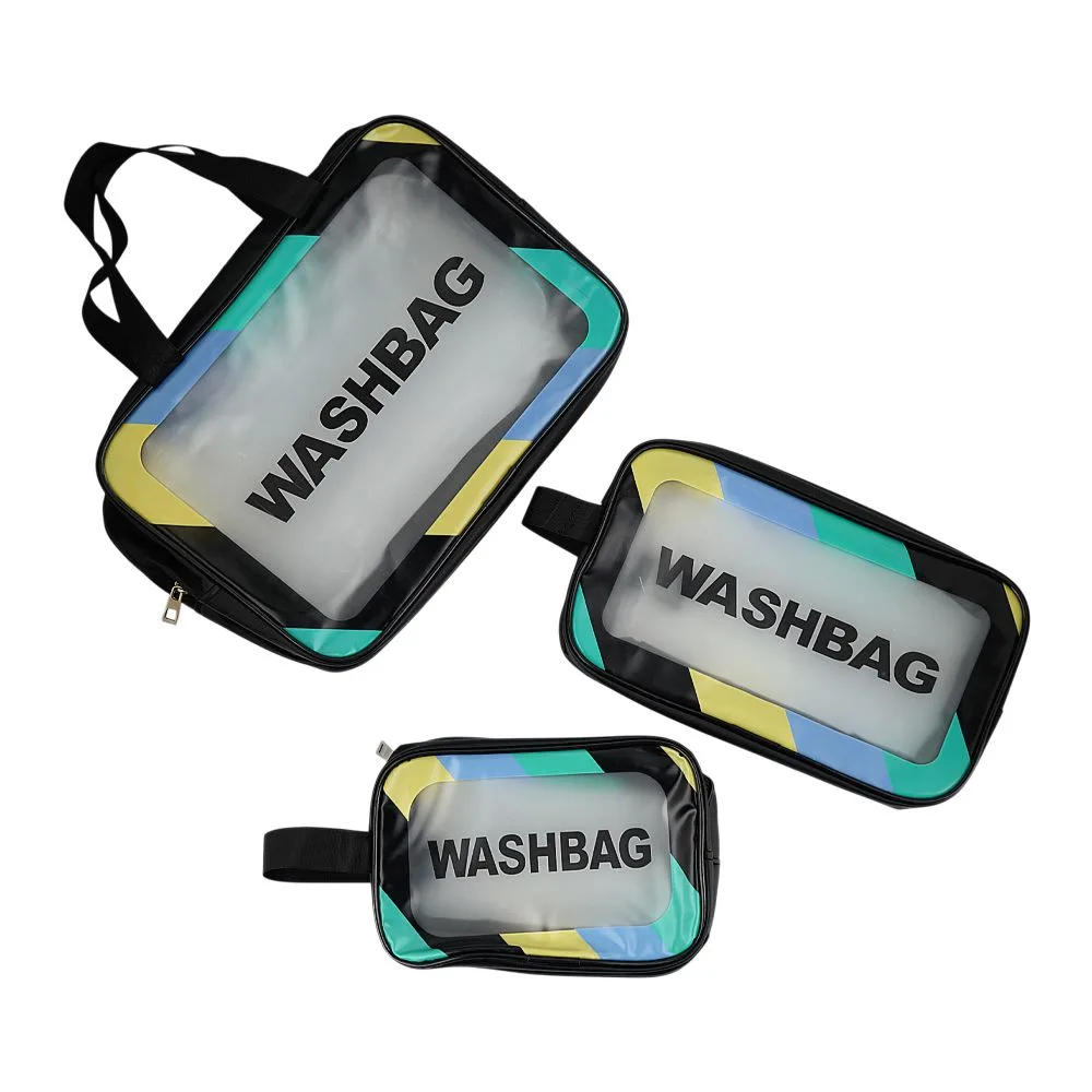 AJF PVC Waterproof Cosmetic Bag Rainbow Border Black, Large, 3-Piece Set