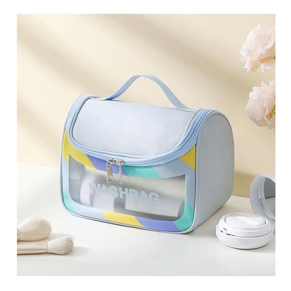 AJF PVC Waterproof Cosmetic Bag, Rainbow Border, Blue
