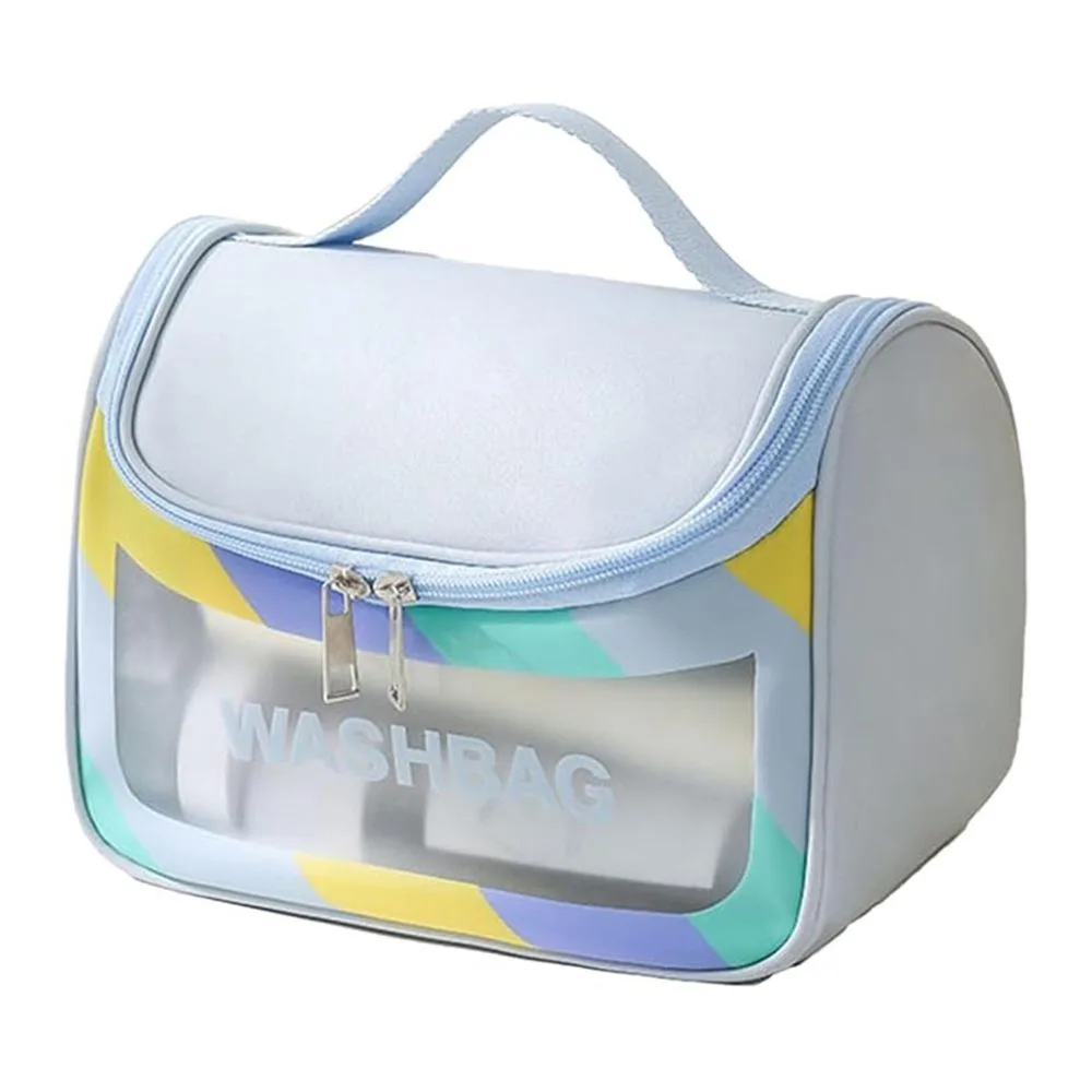 Side view of ajf pvc waterproof cosmetic bag, rainbow border, blue
