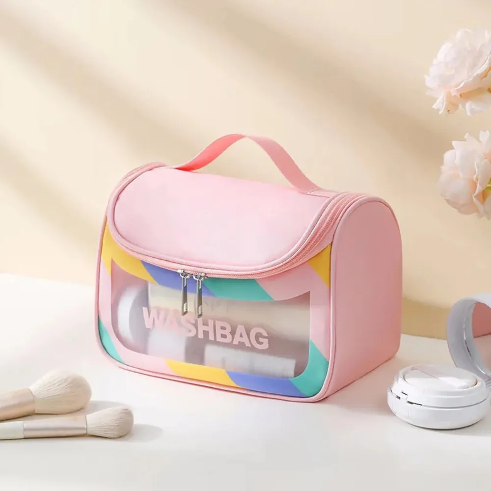 AJF PVC Waterproof Cosmetic Bag, Rainbow Border, Pink