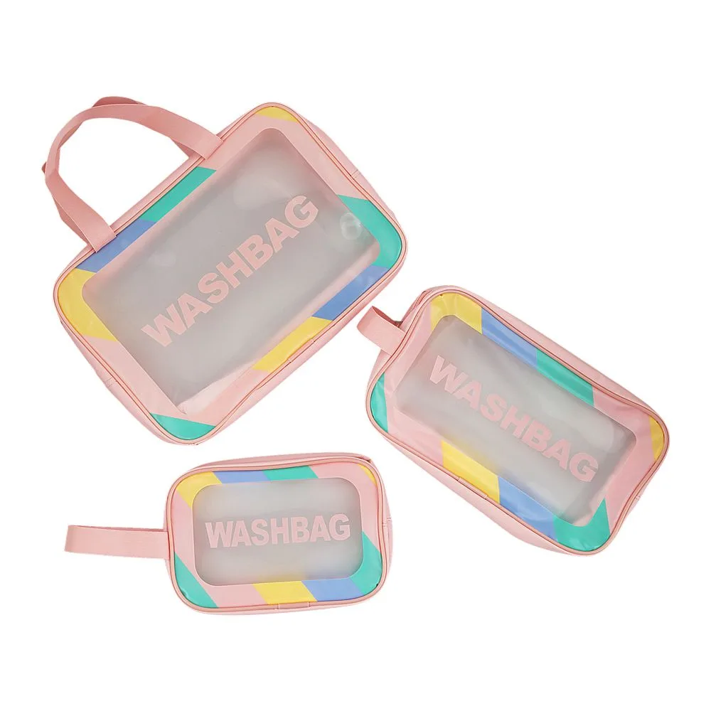 AJF PVC Waterproof Cosmetic Bag Rainbow Border Pink, Large, 3-Piece Set
