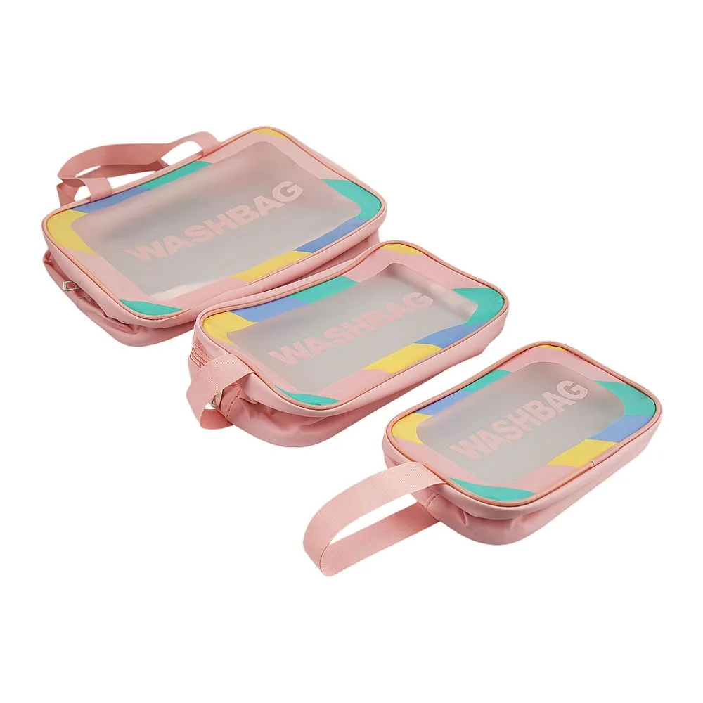 Side view of ajf pvc waterproof cosmetic bag rainbow border pink, large, 3-piece set