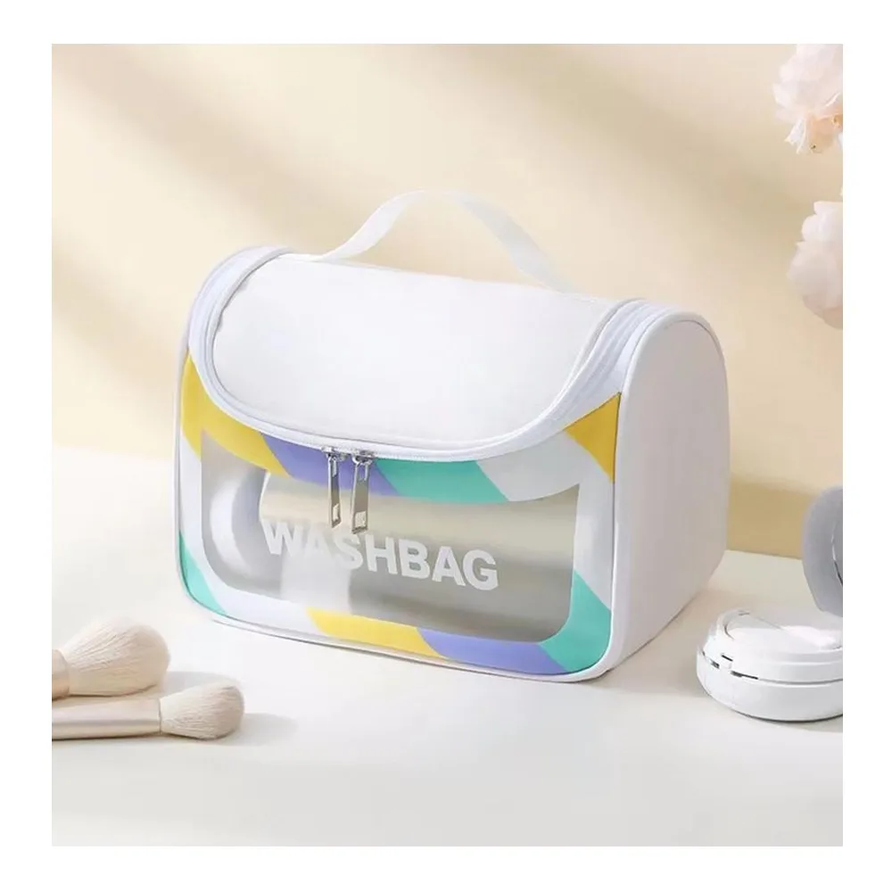 AJF PVC Waterproof Cosmetic Bag Rainbow Border, White