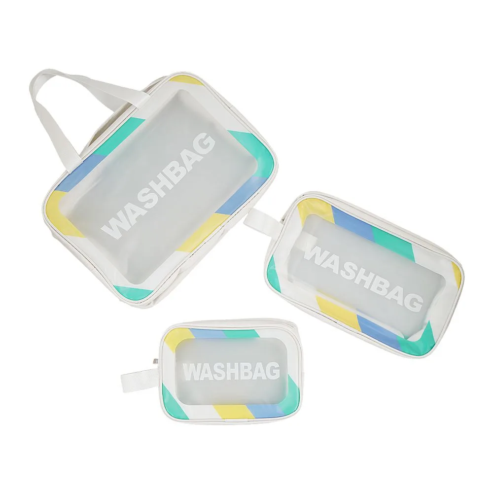 AJF PVC Waterproof Cosmetic Bag Rainbow Border White, Large, 3-Piece Set