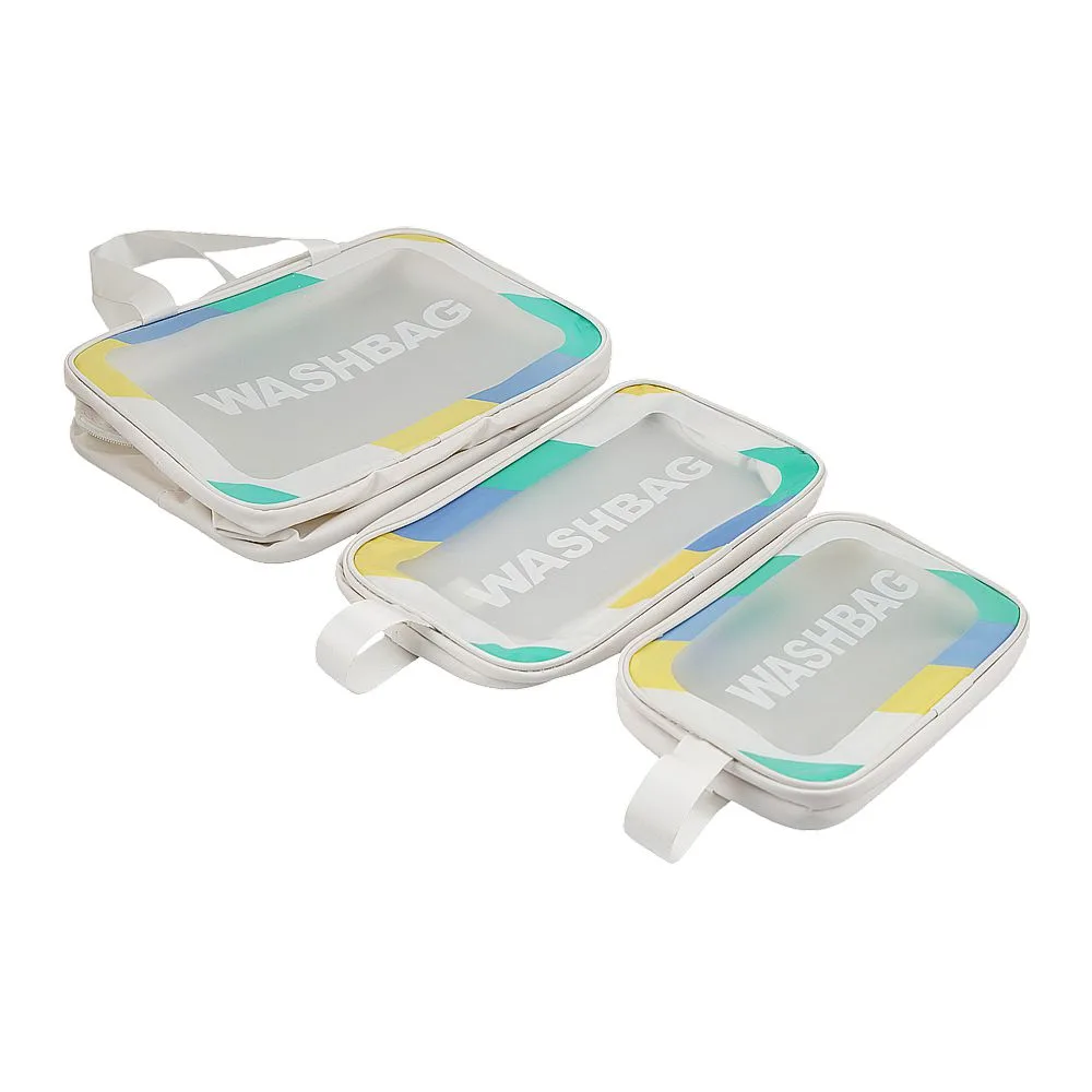 Side view of ajf pvc waterproof cosmetic bag rainbow border white, large, 3-piece set