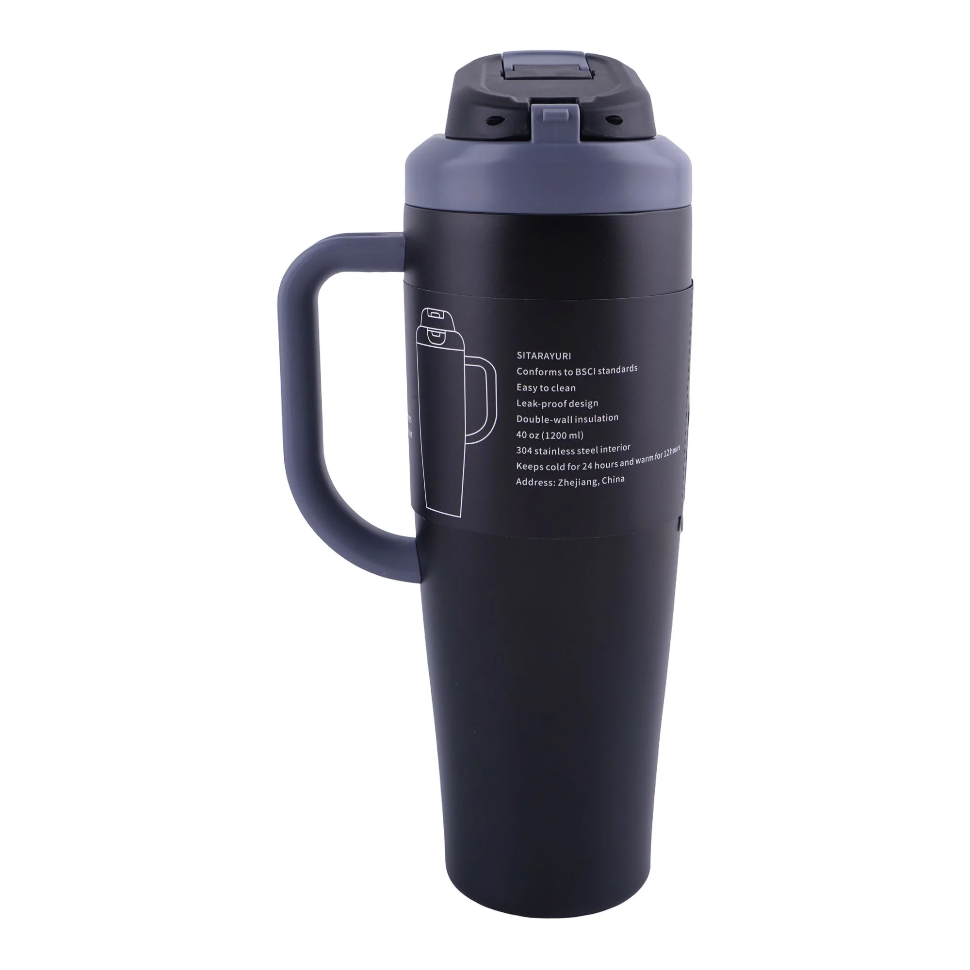 Side view of ajf sitarayuri stainless steel vacuum insulated tumbler, 1200ml, black