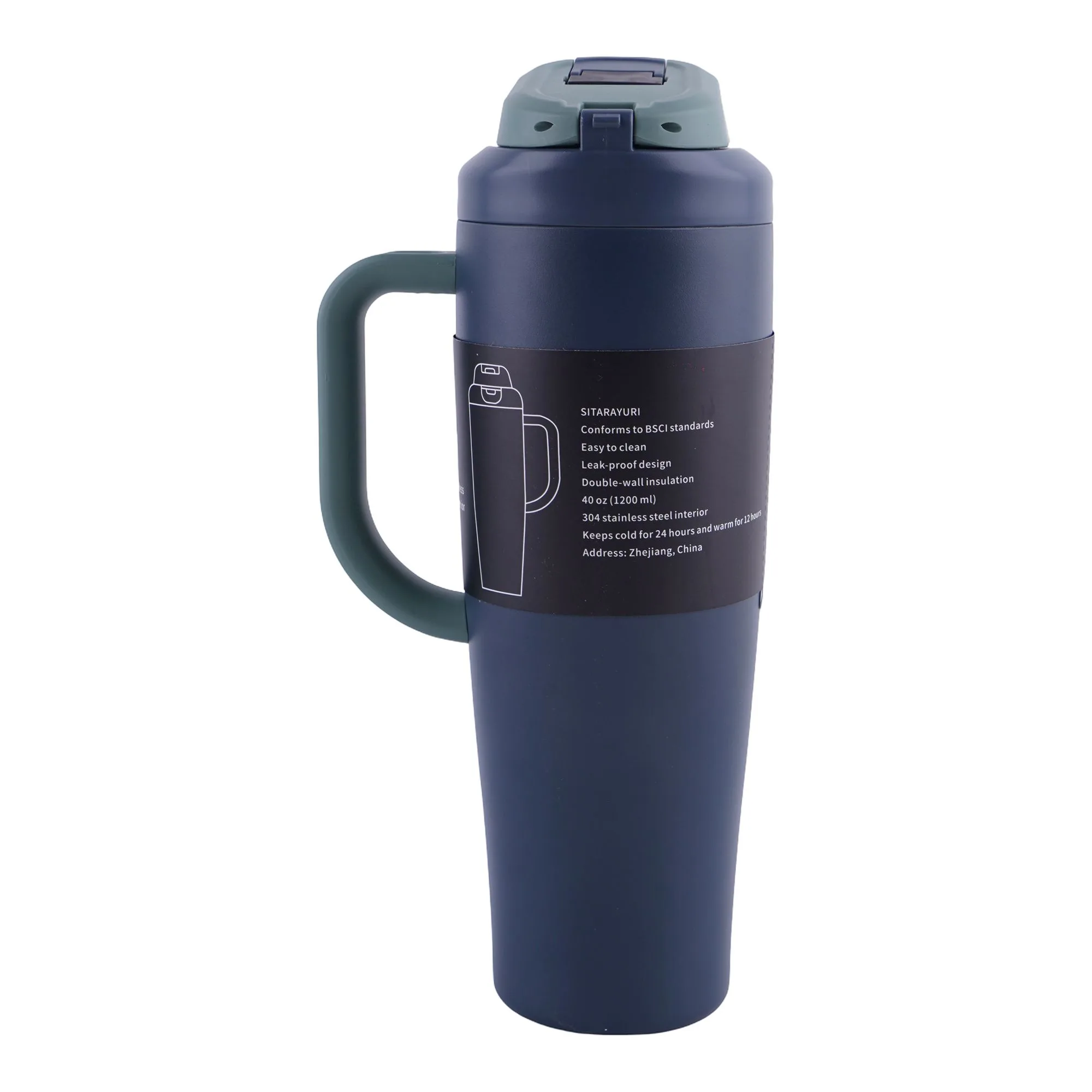 Side view of ajf sitarayuri stainless steel vacuum insulated tumbler, 1200ml, deep blue