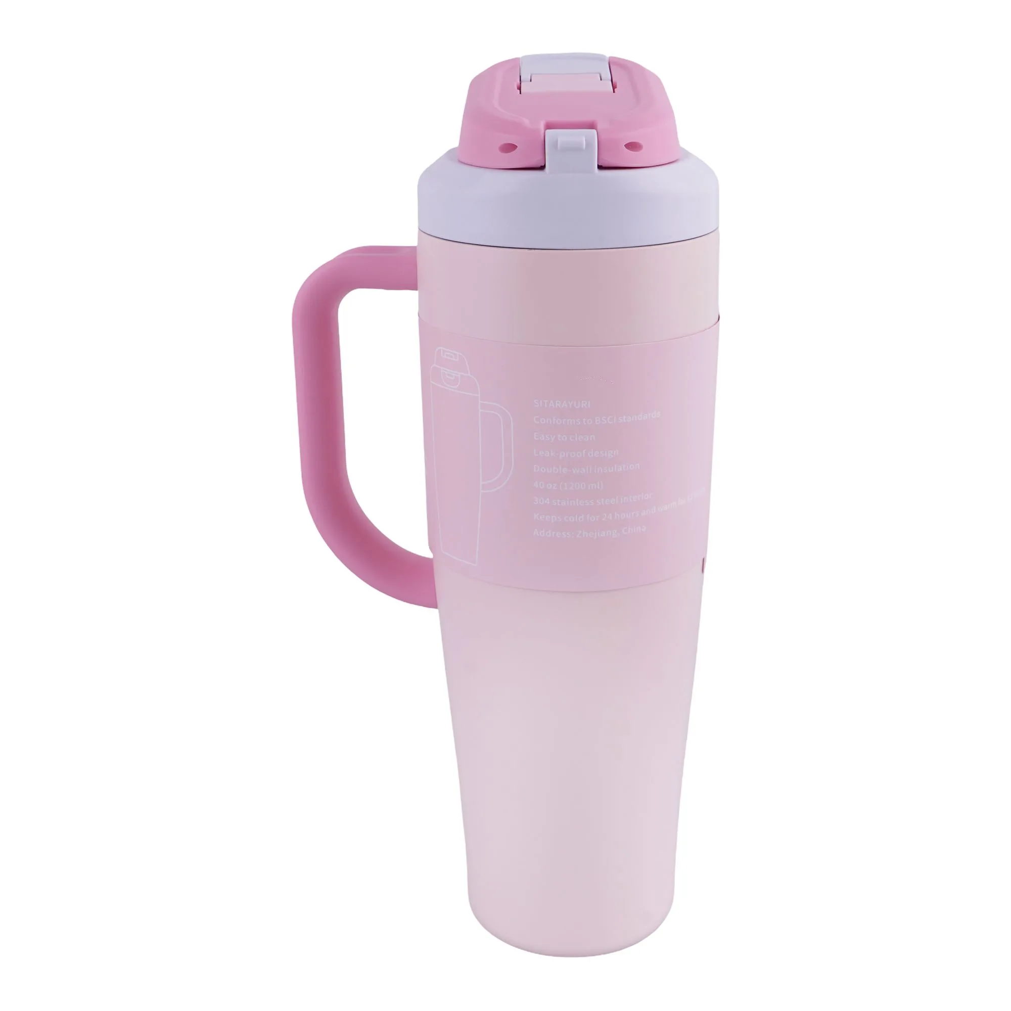 Side view of ajf sitarayuri stainless steel vacuum insulated tumbler, 1200ml, light pink