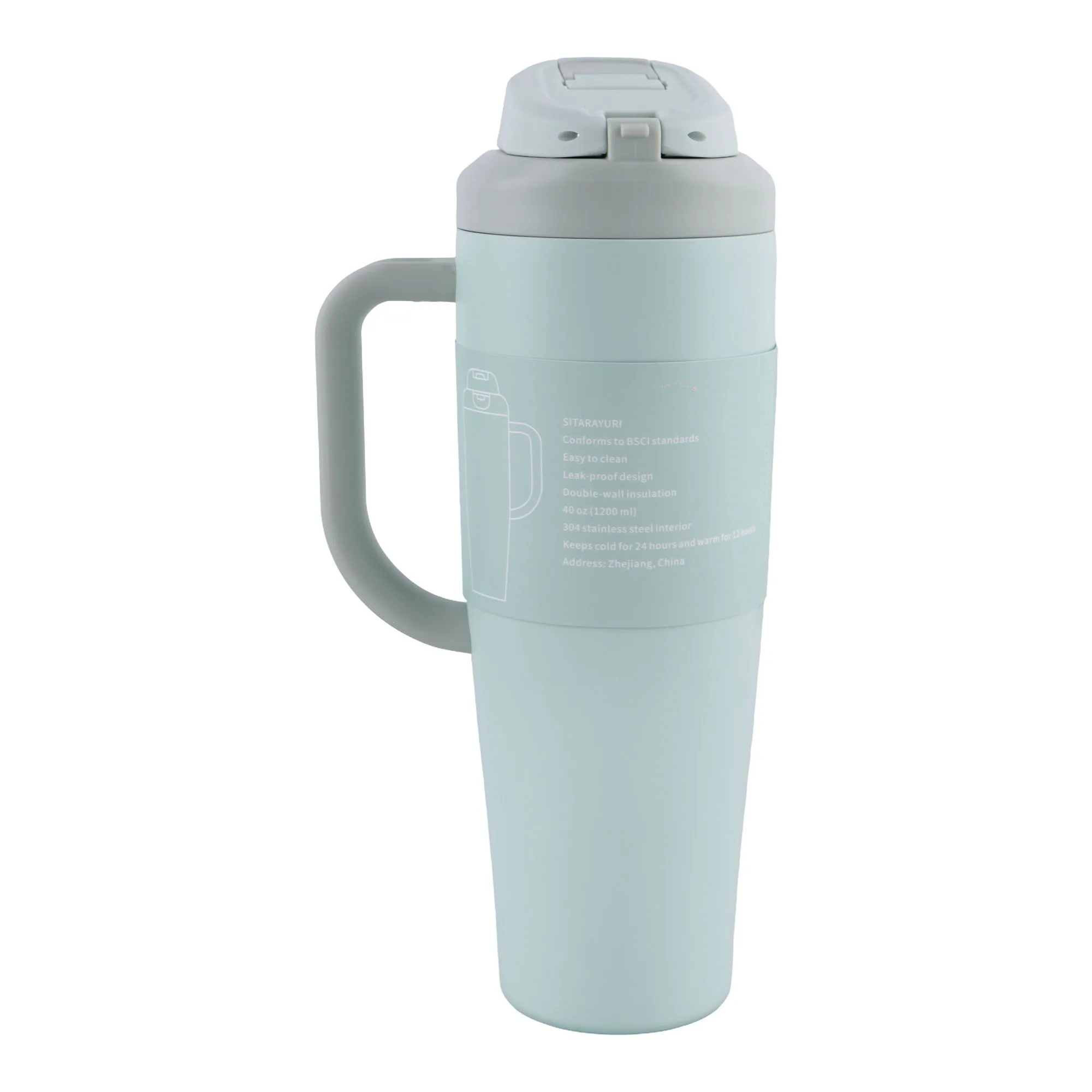 Side view of ajf sitarayuri stainless steel vacuum insulated tumbler, 1200ml, pastel green