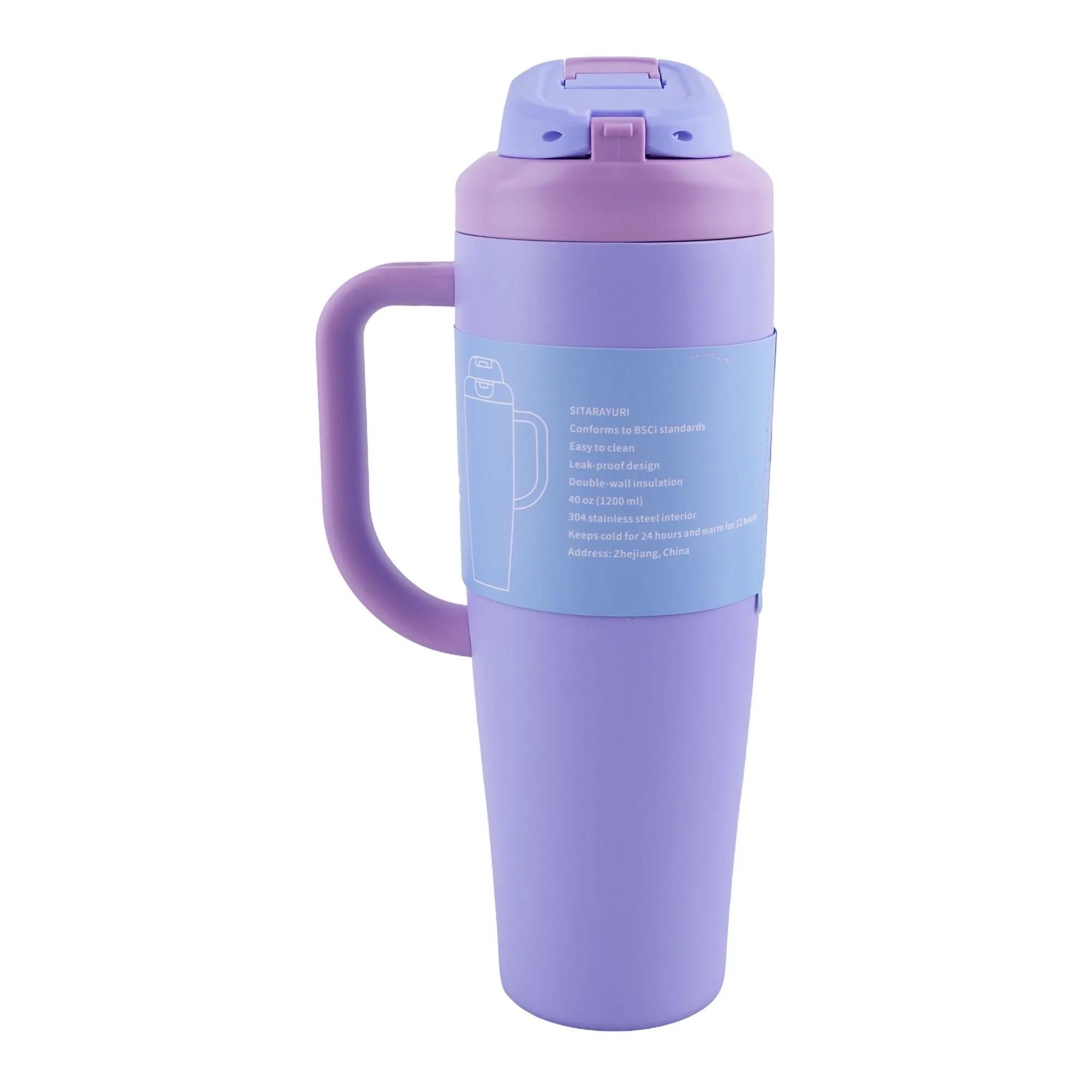 Side view of ajf sitarayuri stainless steel vacuum insulated tumbler, 1200ml, purple