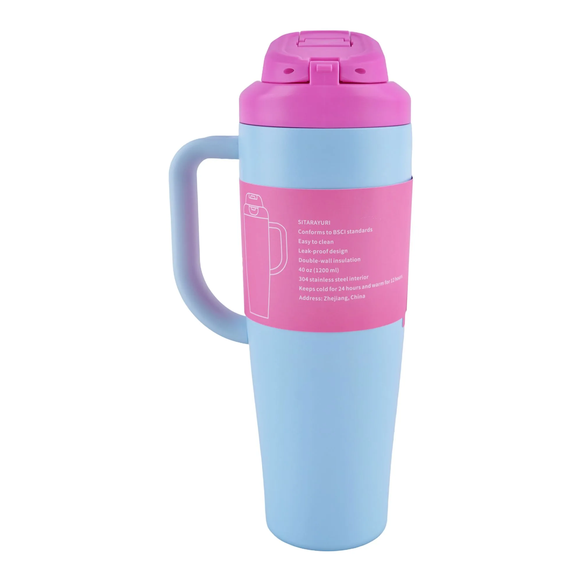 Side view of ajf sitarayuri stainless steel vacuum insulated tumbler, 1200ml, sky blue