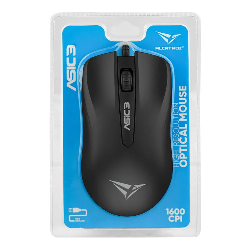 Side view of alcatroz asic 3 high-resolution 1600 cpi usb optical wired mouse, black