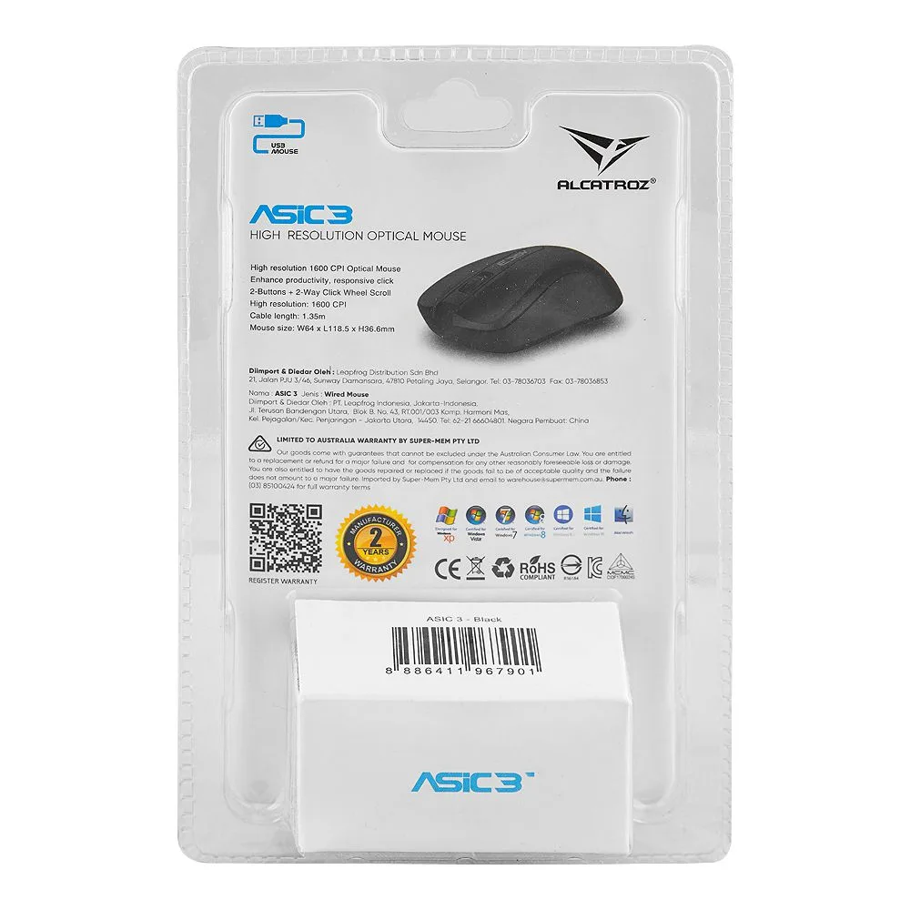 Comfortable casual alcatroz asic 3 high-resolution 1600 cpi usb optical wired mouse, black