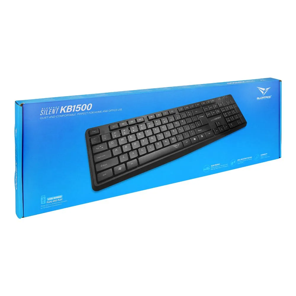 Side view of alcatroz silent usb wired keyboard, black, kb1500