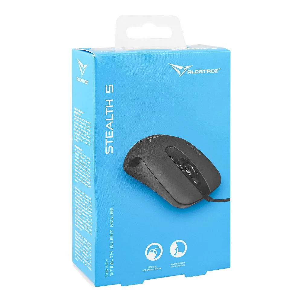 Side view of alcatroz stealth 5 silent 1200 cpi usb optical wired mouse, metallic grey