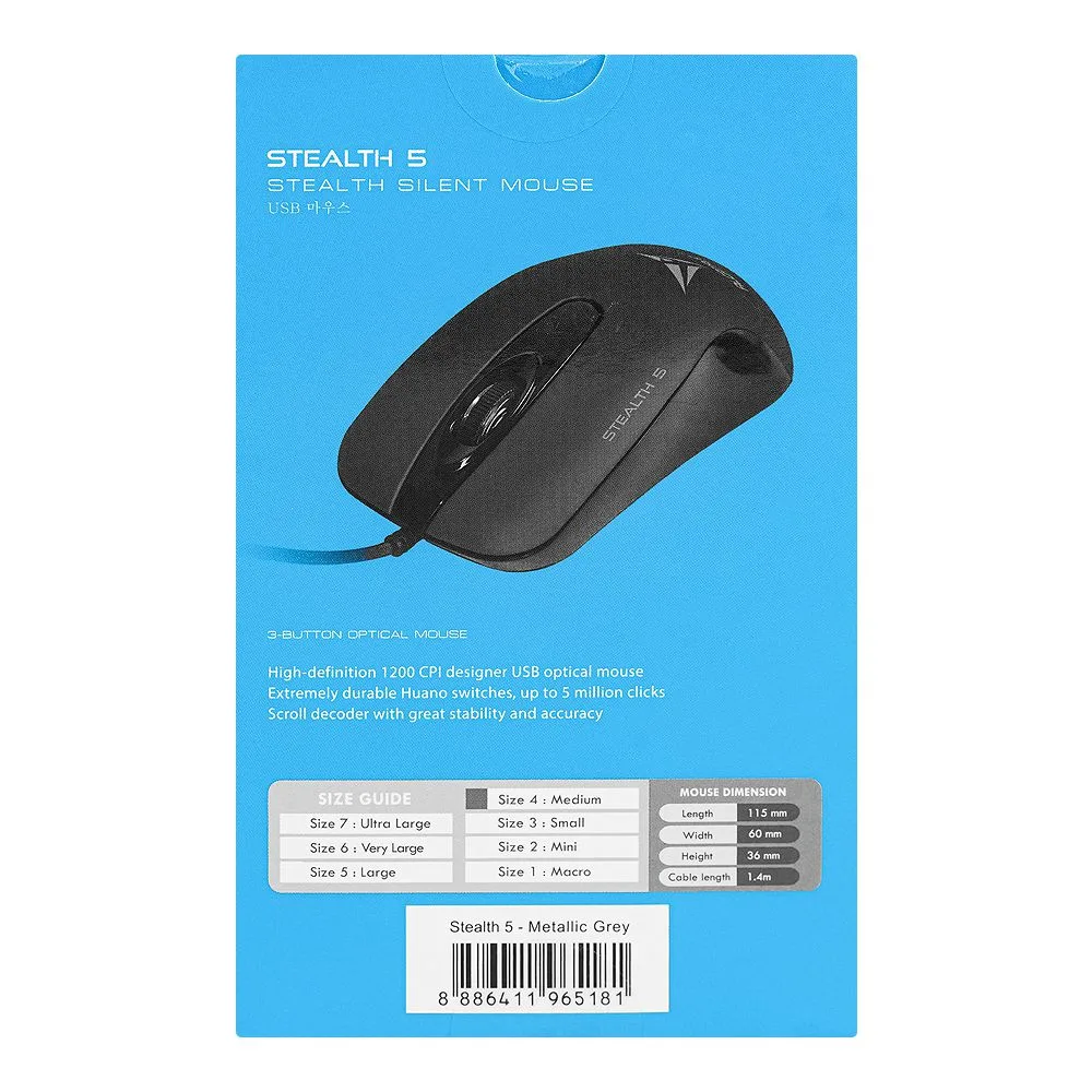 Comfortable casual alcatroz stealth 5 silent 1200 cpi usb optical wired mouse, metallic grey