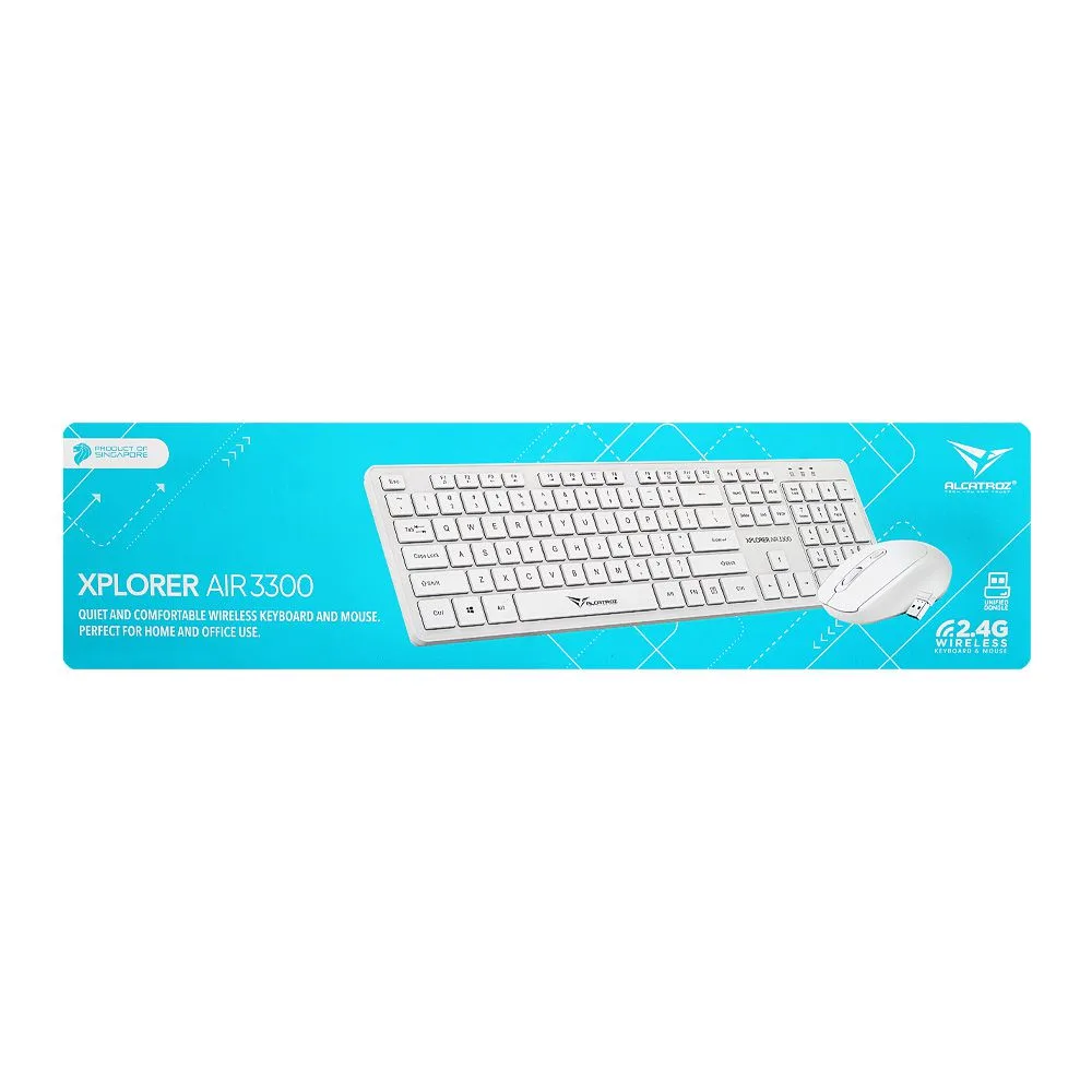 Side view of alcatroz xplorer air 3300 2.4g wireless keyboard & mouse combo, white