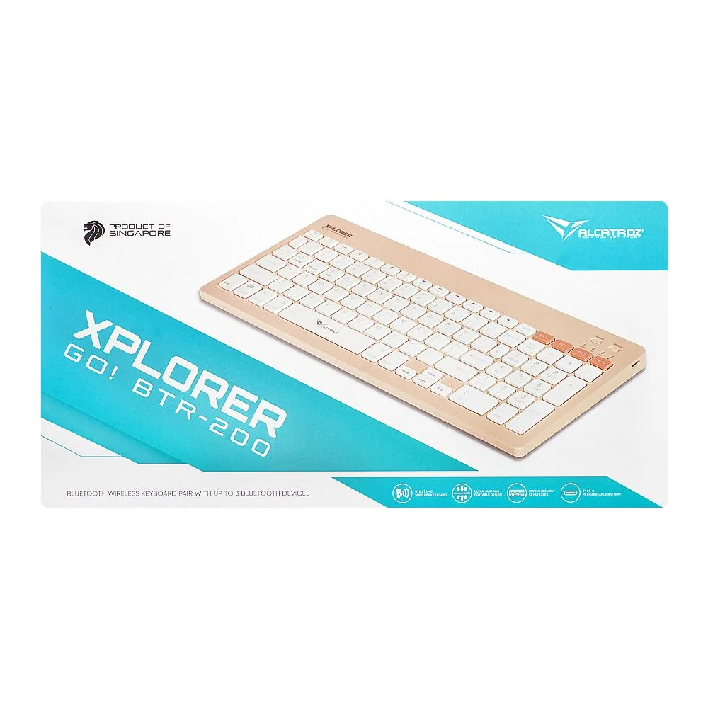 Side view of alcatroz xplorer go! btr-200 dual mode bt5.2+2.4g wireless keyboard, 180mah battery, sand