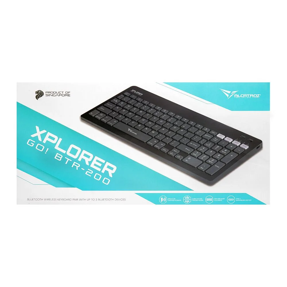 Side view of alcatroz xplorer go! btr-200 dual mode bt5.2+2.4g wireless keyboard, 180mah battery, slate
