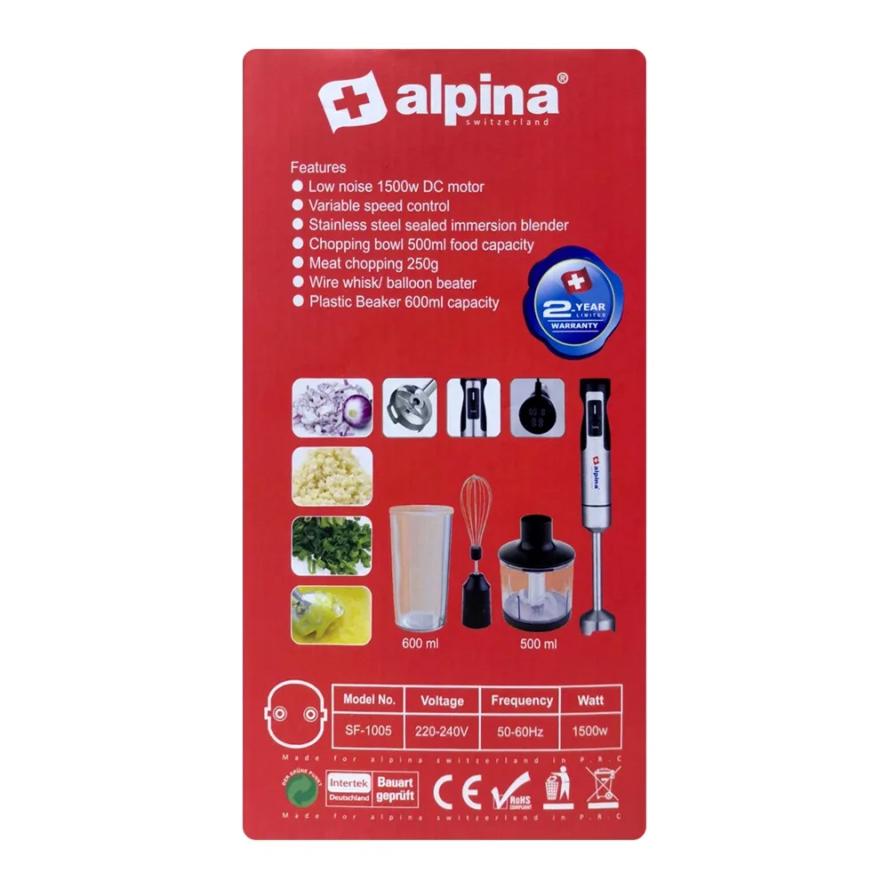 Side view of alpina stick hand blender 3-in-1 chopper + blender + bitter, 450ml + 850ml, 700w, sf-1005