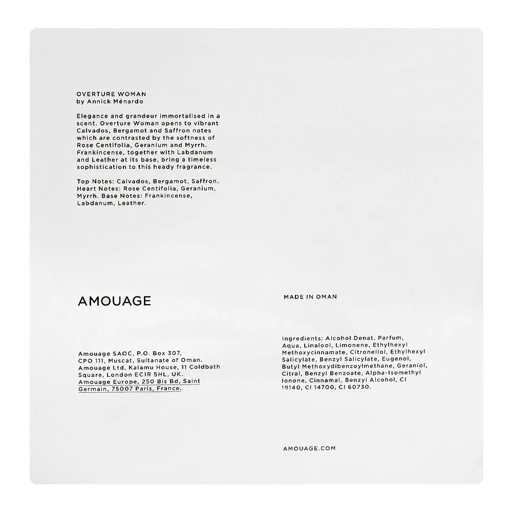 Side view of amouage overture woman, eau de parfum, for women, 100ml