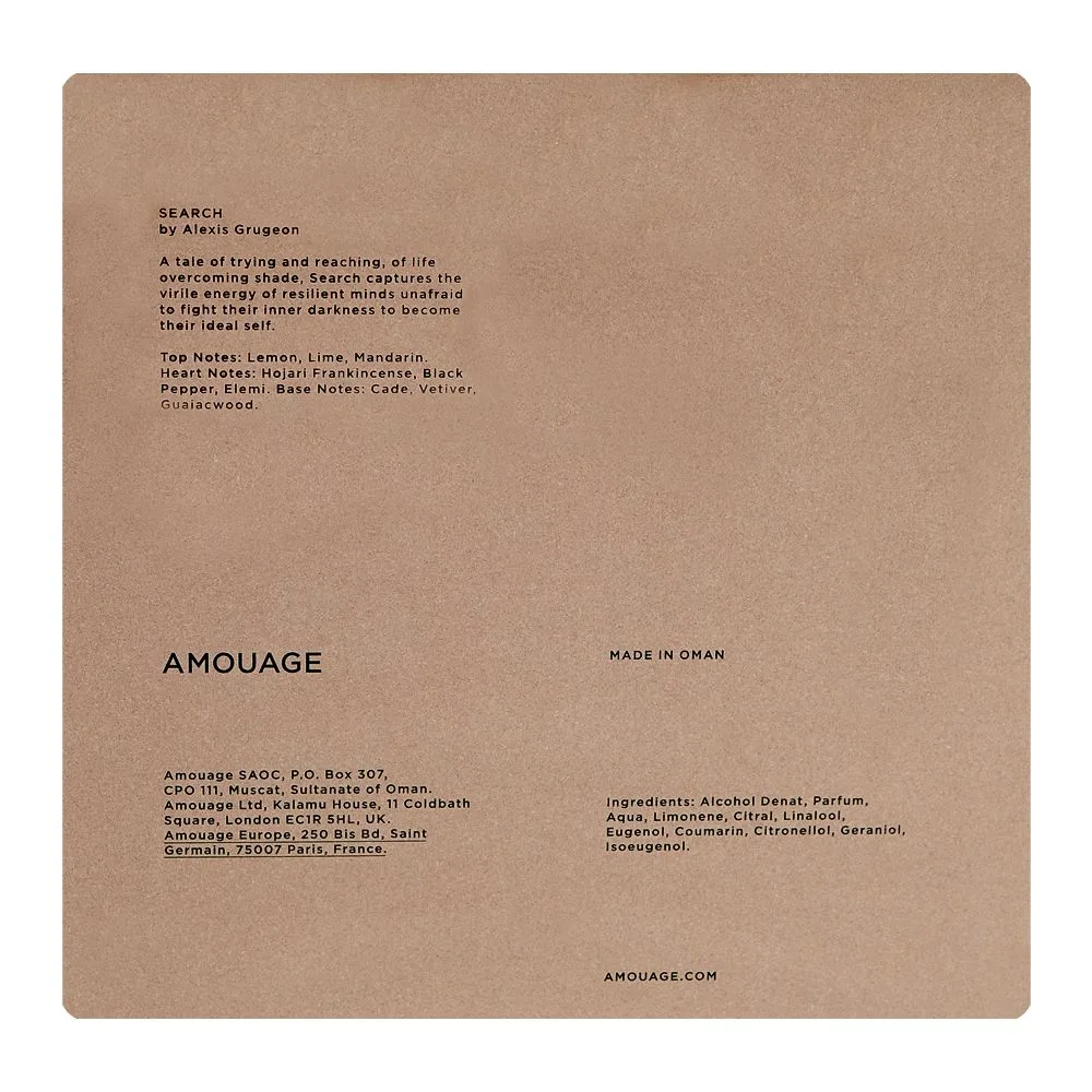 Side view of amouage search, eau de parfum, for men & women, 100ml