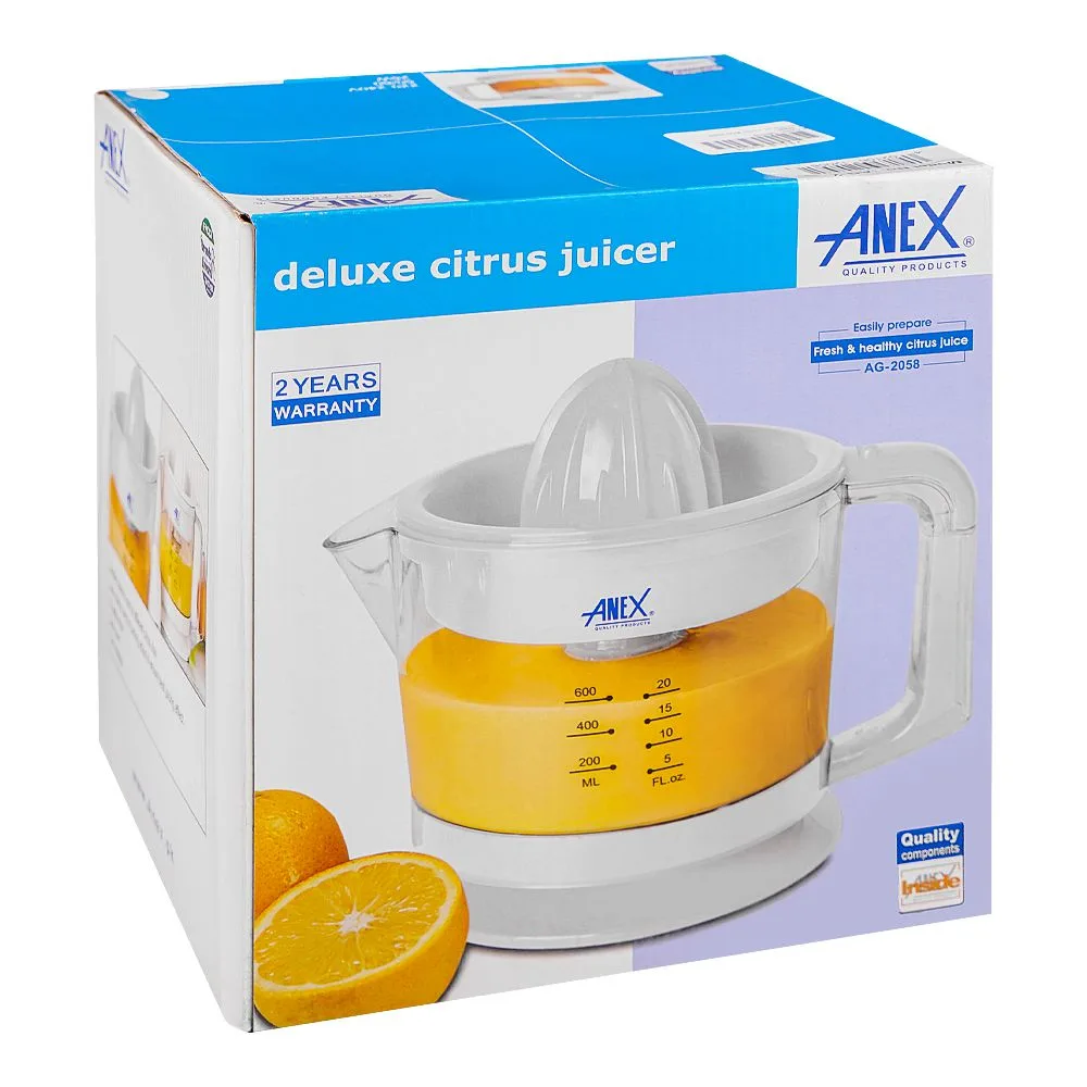 Side view of anex citrus juicer with dust cover, 40w, white, ag-2058