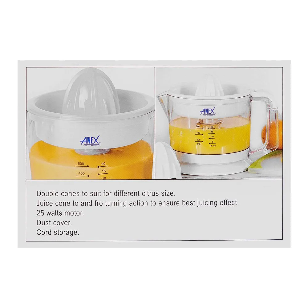 Close-up design of anex citrus juicer with dust cover, 40w, white, ag-2058