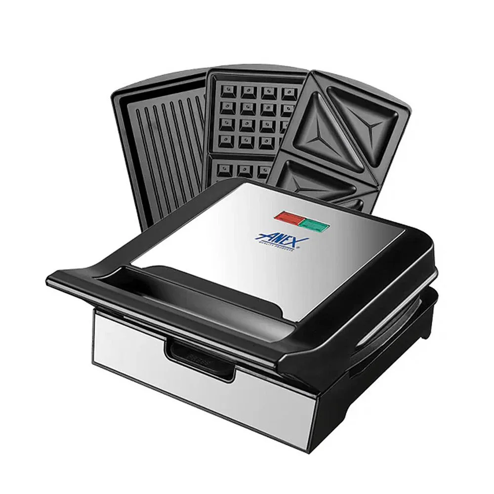 Anex Deluxe 3 In 1 Sandwich Maker, 700-800W, Black & Silver, AG-2039C