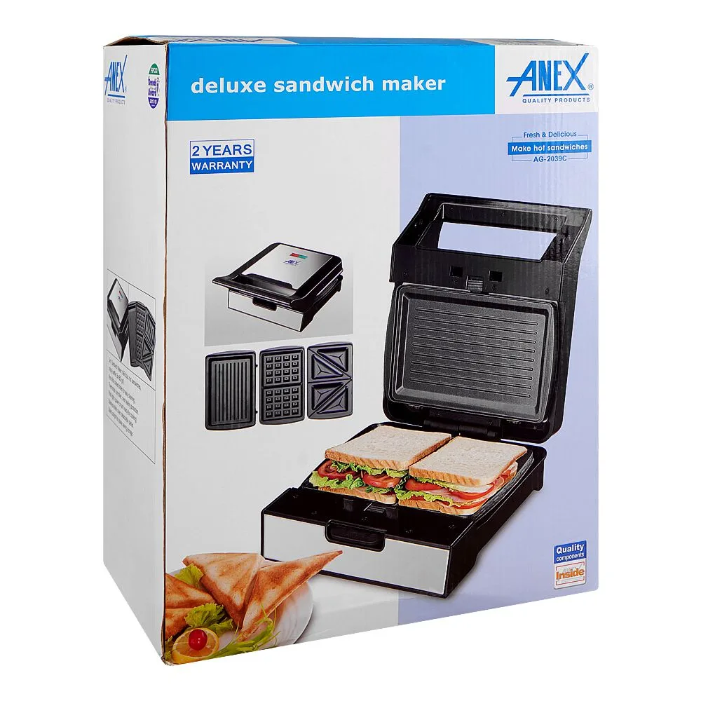 Side view of anex deluxe 3 in 1 sandwich maker, 700-800w, black & silver, ag-2039c