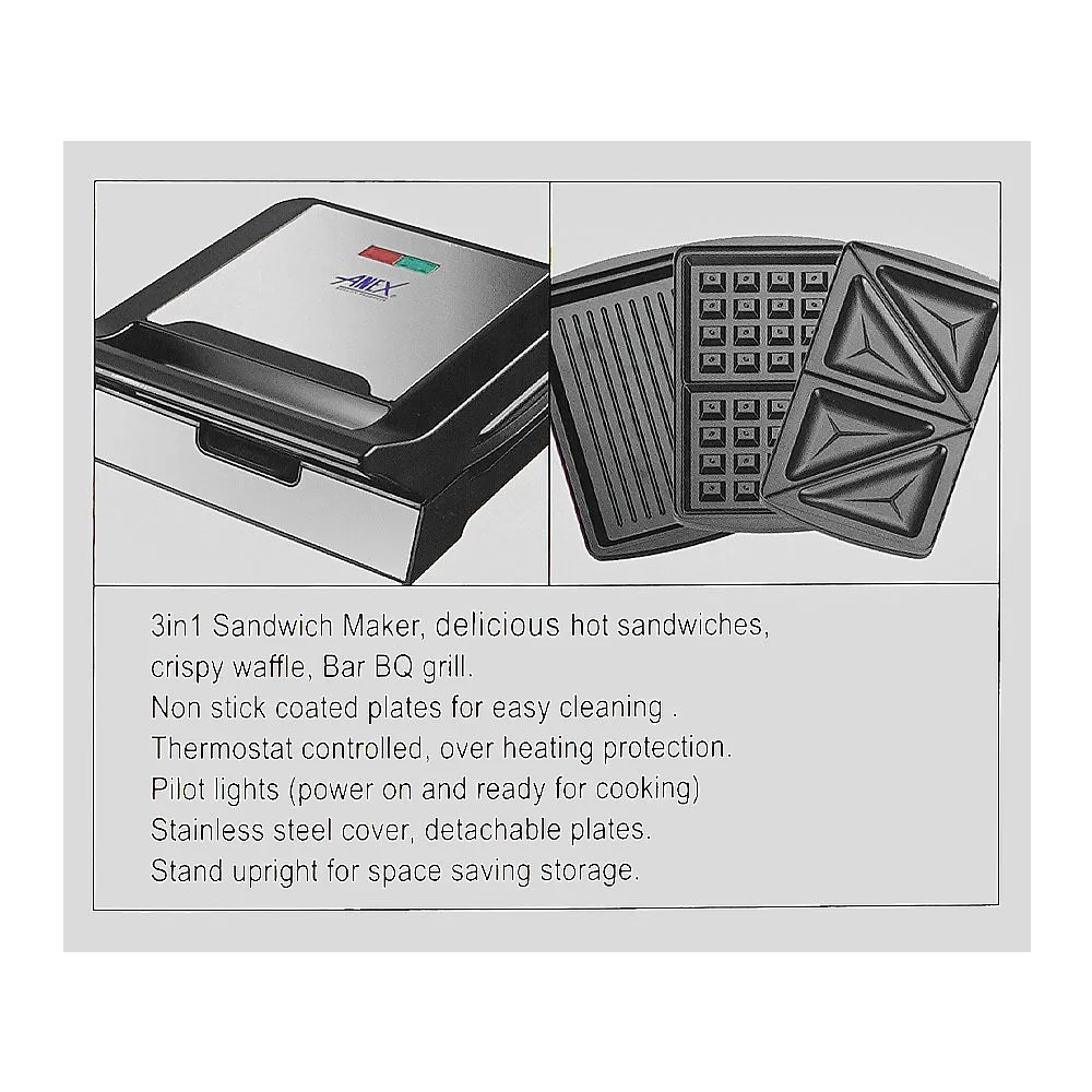 Close-up design of anex deluxe 3 in 1 sandwich maker, 700-800w, black & silver, ag-2039c