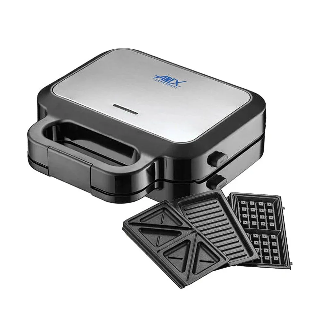 Anex Deluxe 3 In 1 Sandwich Maker, 750W, Black & Silver, AG-2139