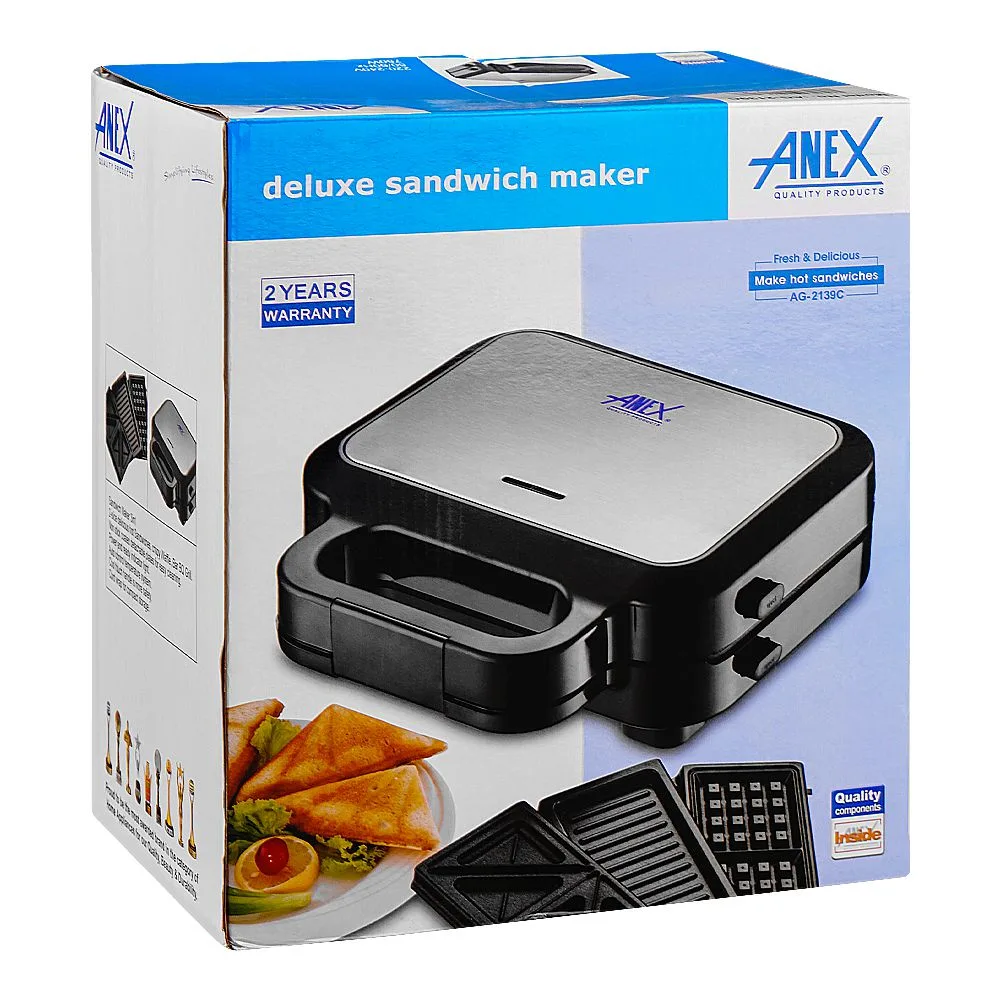 Side view of anex deluxe 3 in 1 sandwich maker, 750w, black & silver, ag-2139