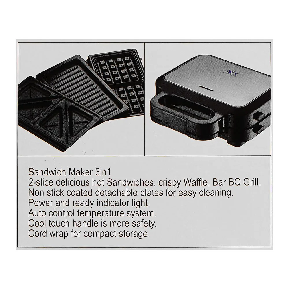 Close-up design of anex deluxe 3 in 1 sandwich maker, 750w, black & silver, ag-2139