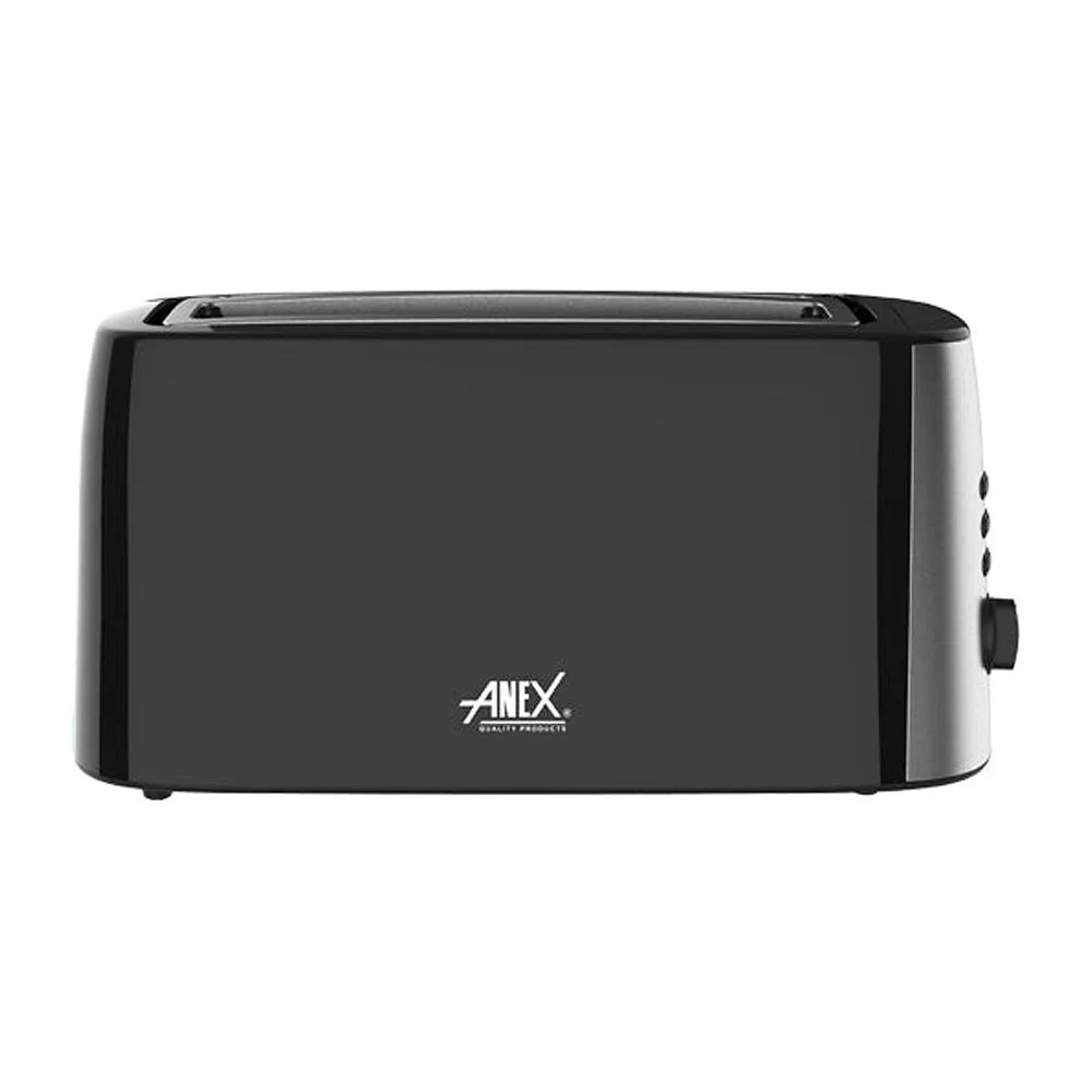 Side view of anex deluxe 4 slice toaster, 1300-1550w, black, ag-3007