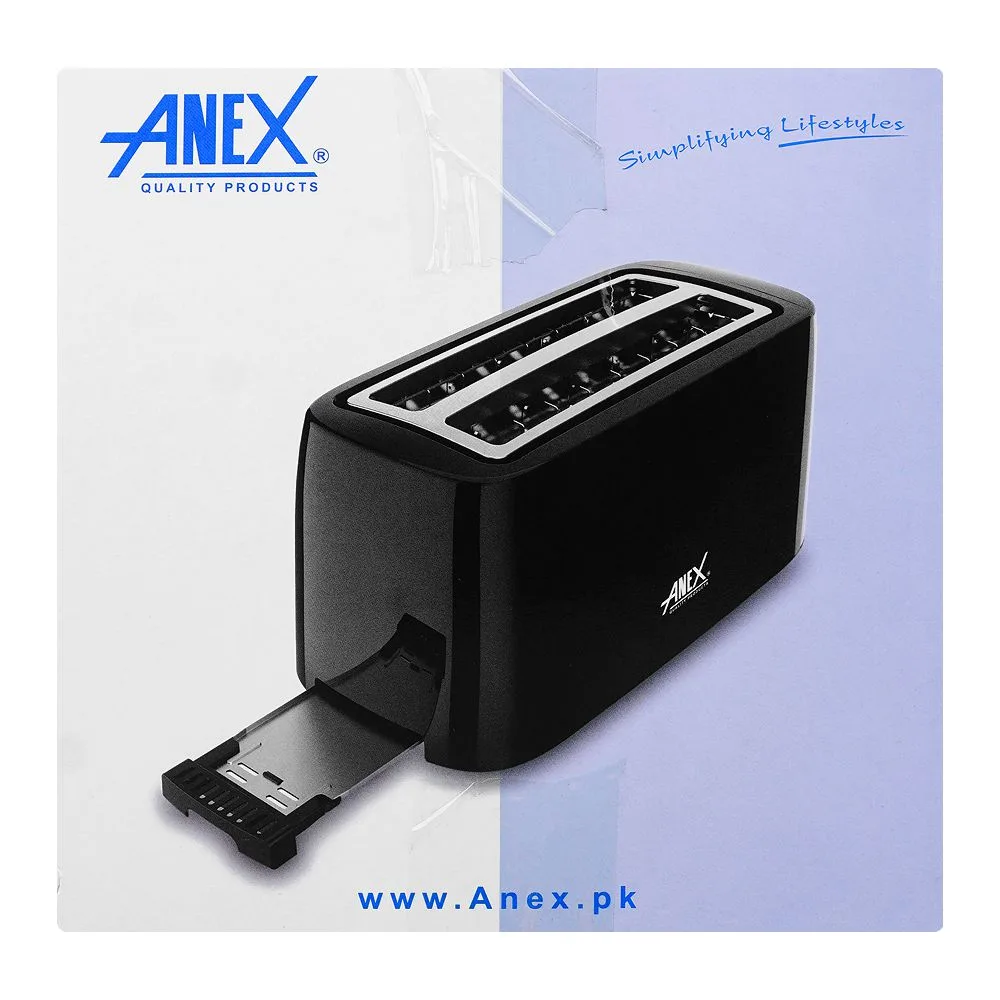 Close-up design of anex deluxe 4 slice toaster, 1300-1550w, black, ag-3007