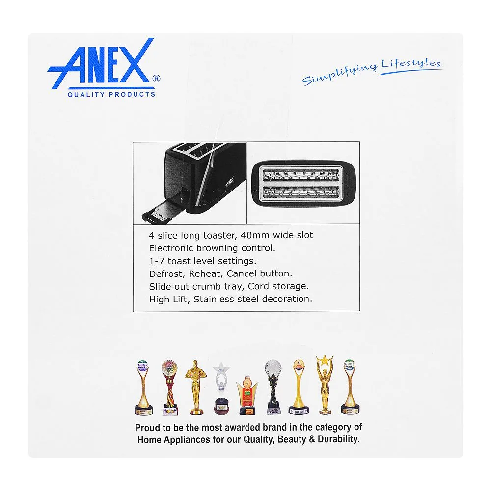Premium everyday wear anex deluxe 4 slice toaster, 1300-1550w, black, ag-3007