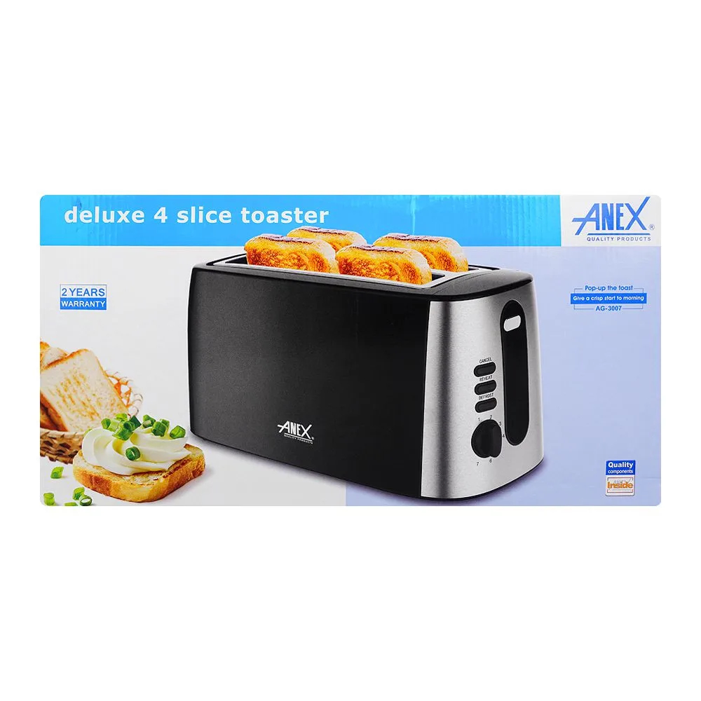 Front angle of anex deluxe 4 slice toaster, 1300-1550w, black, ag-3007