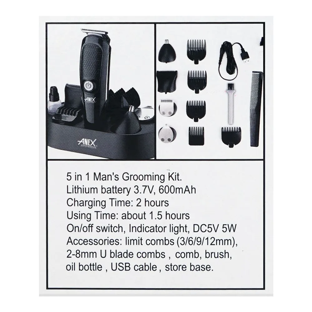Premium everyday wear anex deluxe 5-in-1 hair trimmer, 600mah battery, 1.5 hours run time, ag-7064