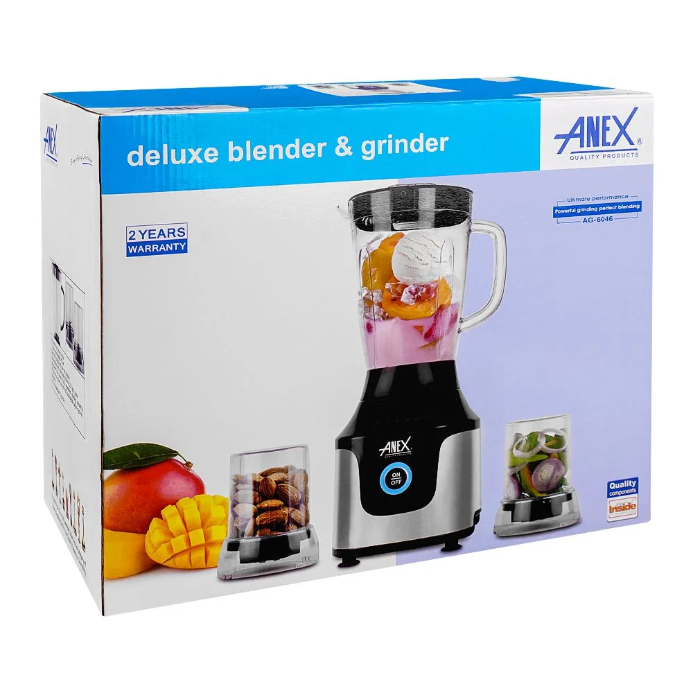 Side view of anex deluxe blender & grinder, 600w, 1500ml jar, black, ag-6046
