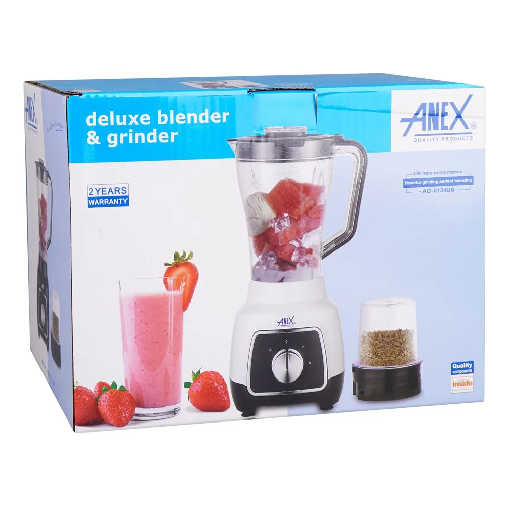Side view of anex deluxe blender & grinder, 600w, 1500ml jar, white, ag-6134ub
