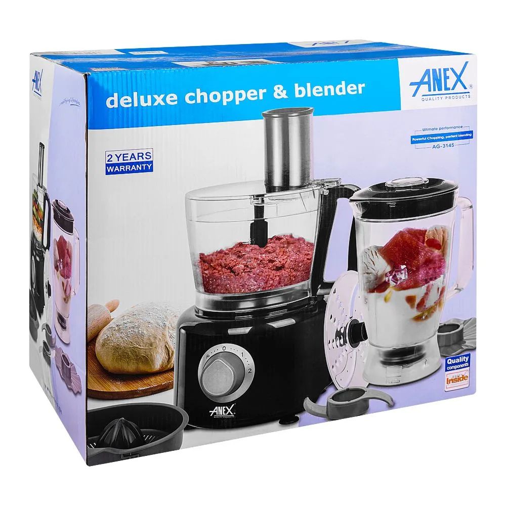 Comfortable casual anex deluxe chopper & blender, 800w, plastic 1200ml bowl & 1800 jar, black & silver, ag-3145