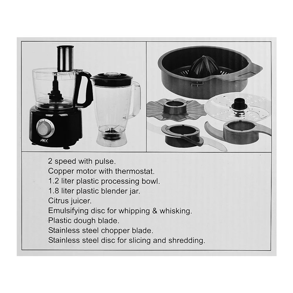 Close-up design of anex deluxe chopper & blender, 800w, plastic 1200ml bowl & 1800 jar, black & silver, ag-3145
