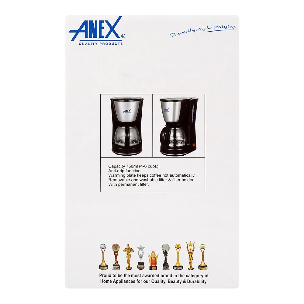 Close-up design of anex deluxe coffee maker, 550w, 220-240v, 750ml capacity, ag-801