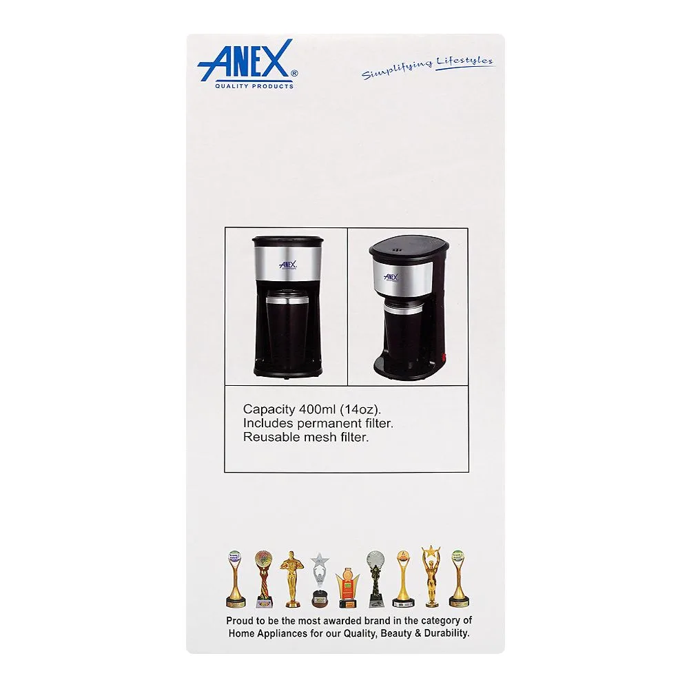 Close-up design of anex deluxe coffee maker, 600w, 220-240v, 400ml capacity, ag-802